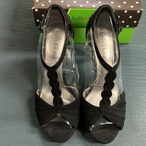 Kelly and Katie T strap black suede heels size 6.5 US
